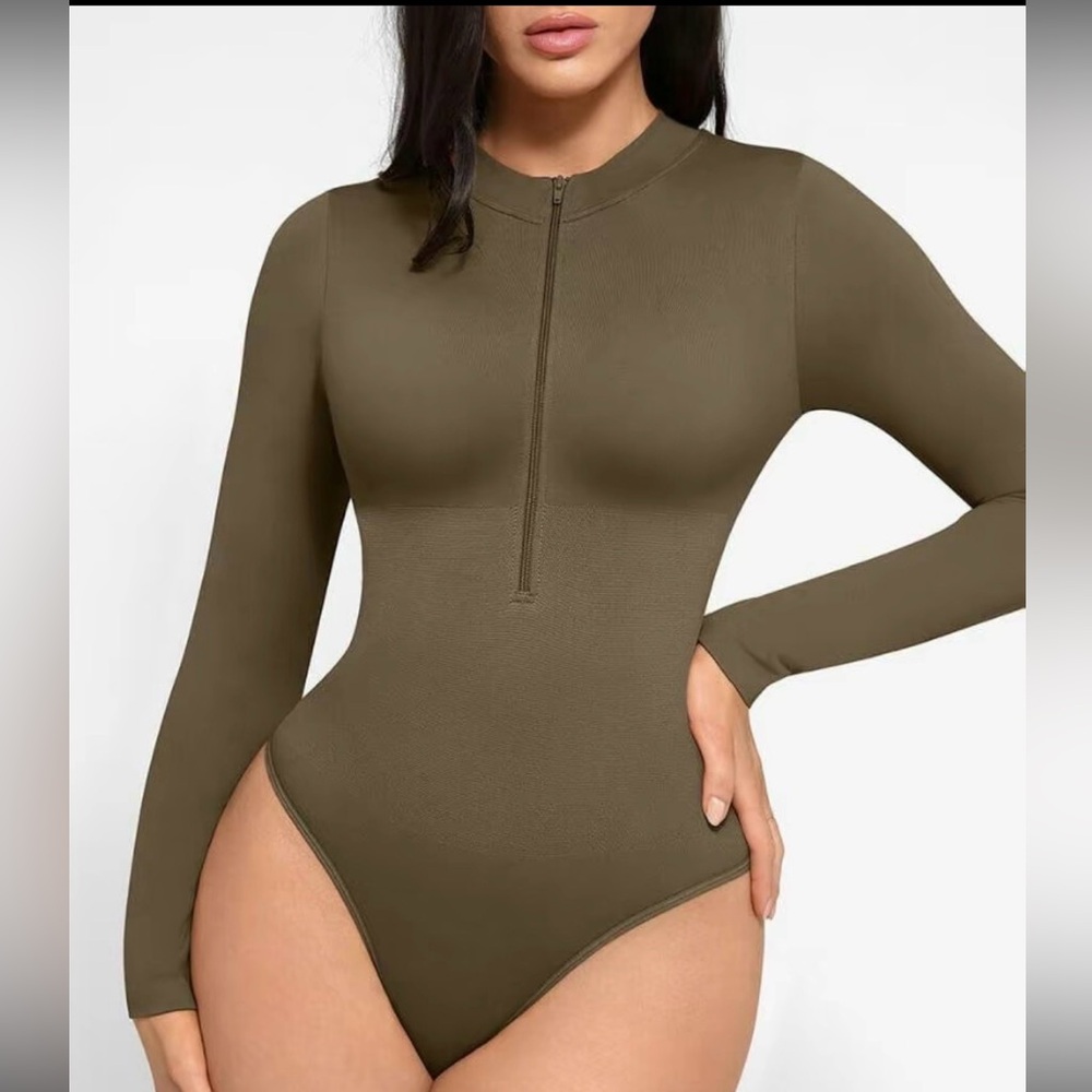 Cali Curves Olive Long Sleeve tummy control Bodysuit